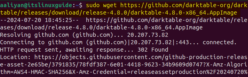 Downloading darktable AppImage file on Ubuntu using command line