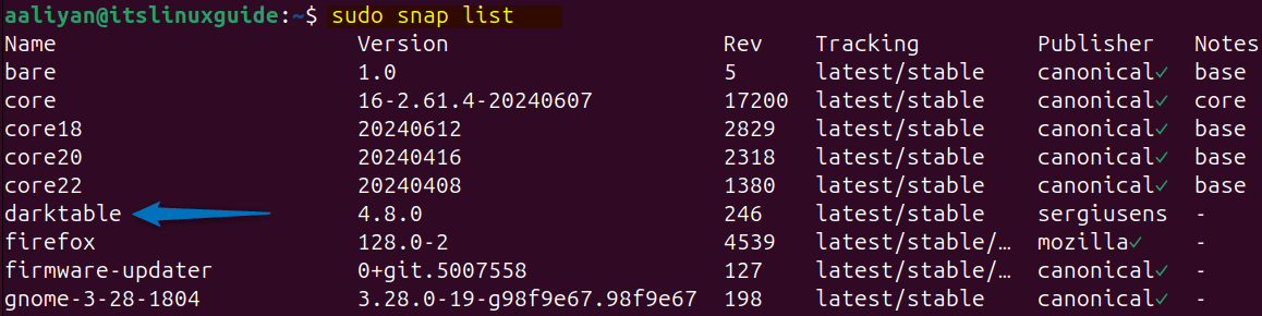 Listing Snap installed apps on Ubuntu to check darktable installation via Snap