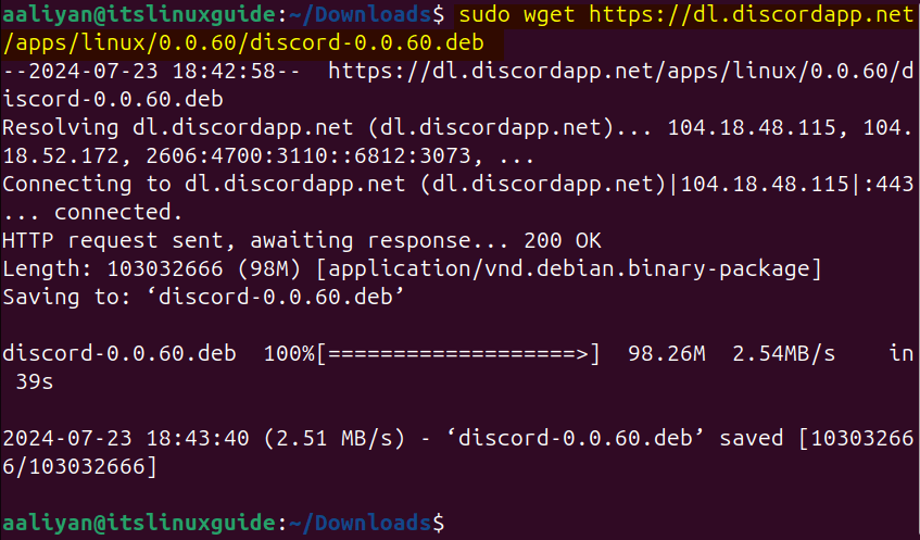 Downloading Discord deb file on Ubuntu from file download link