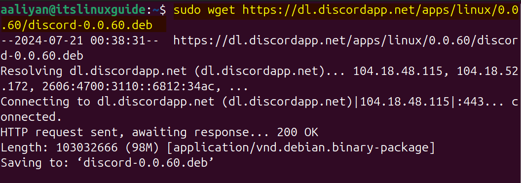 Downloading Discord deb file on Ubuntu from file download link