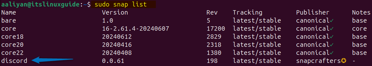 Listing snap installed apps on Ubuntu to check Discord installation via snap
