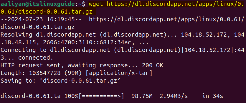 Downloading Discord tar file on Ubuntu from file download link