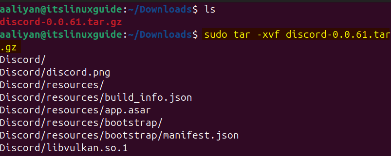Extracting Discord tar file on Ubuntu