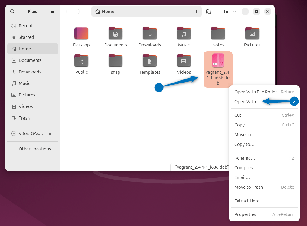 Navigating to Vagrant Deb file and opening the open file menu on Ubuntu