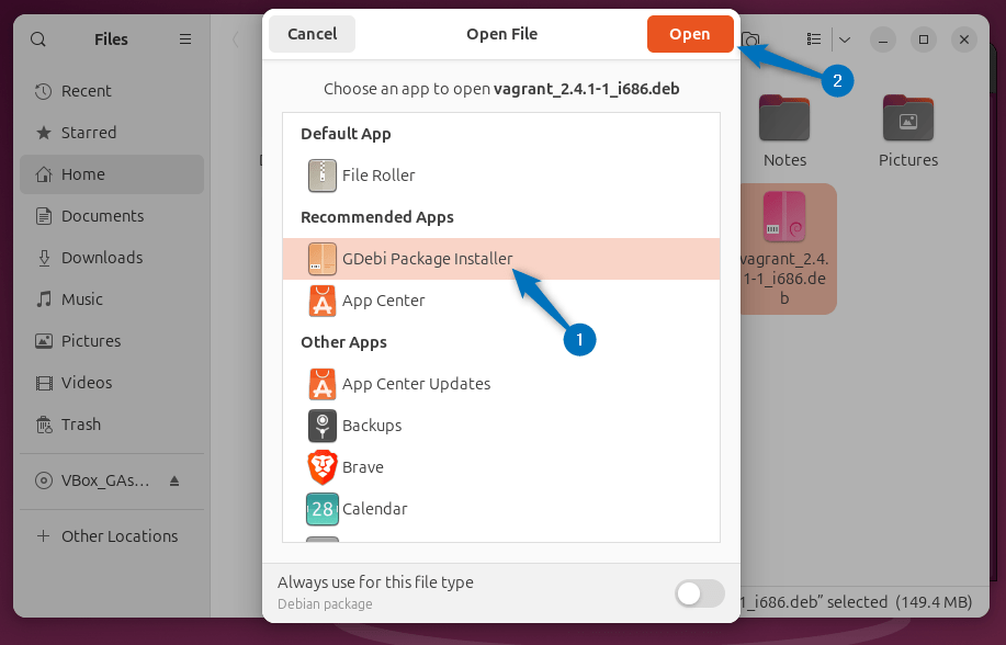 Opening Vagrant Deb file on Ubuntu using GDebi package installer