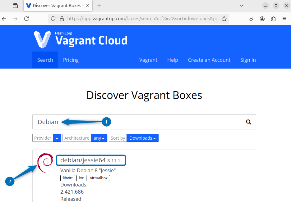 Searching for Debian operating system on Vagrant Cloud to create vagrant file on Ubuntu