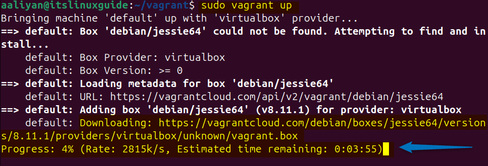 Creating and starting the virtual machine based on the initialized Vagrant file on Ubuntu