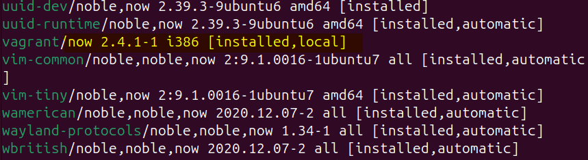 Listing installed apps on Ubuntu to validate the Vagrant installation via its deb file.