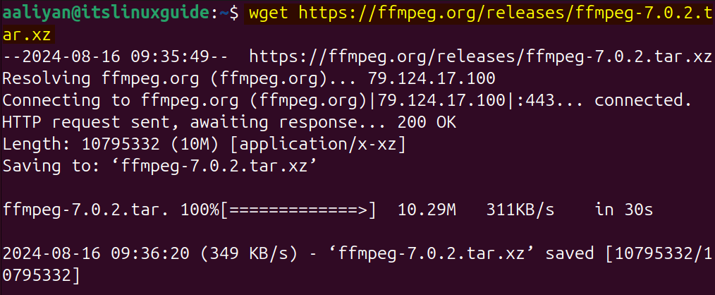 Downloading FFMPEG source file on Ubuntu using terminal