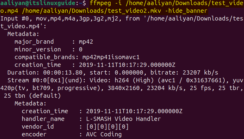 Converting mp4 video file to mkv on Ubuntu using FFMPEG