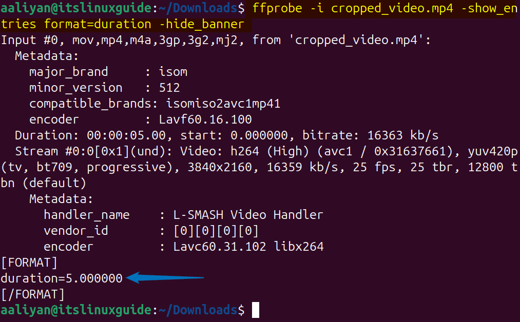 Displaying the trimmed video information to see its duration on Ubuntu using FFMPEG