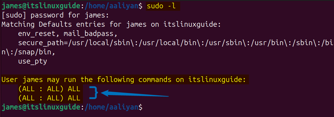 Verifying user permissions after adding it in sudo group in Ubuntu using sudoers file
