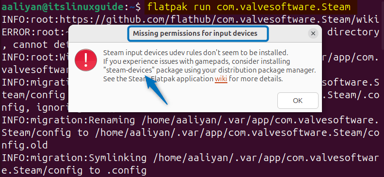Missing permissions for input devices while launching Steam on Ubuntu installed via Flatpak app installer