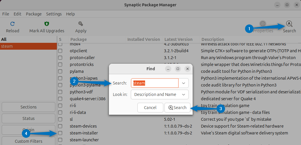 Searching for Steam package in Synaptic package manager on Ubuntu