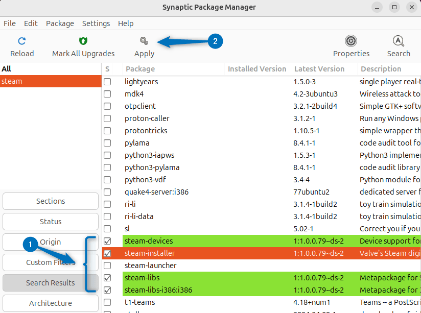 Selecting Steam installer package on synaptic package manager on Ubuntu to install Steam