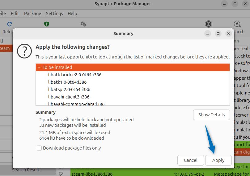 Proceeding with Steam installation on Ubuntu using Synaptic package manager