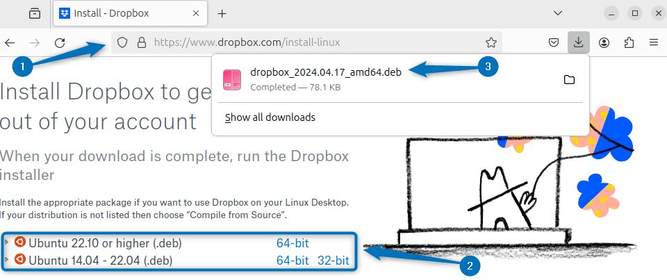 Downloading Dropbox deb file on Ubuntu from its offical site