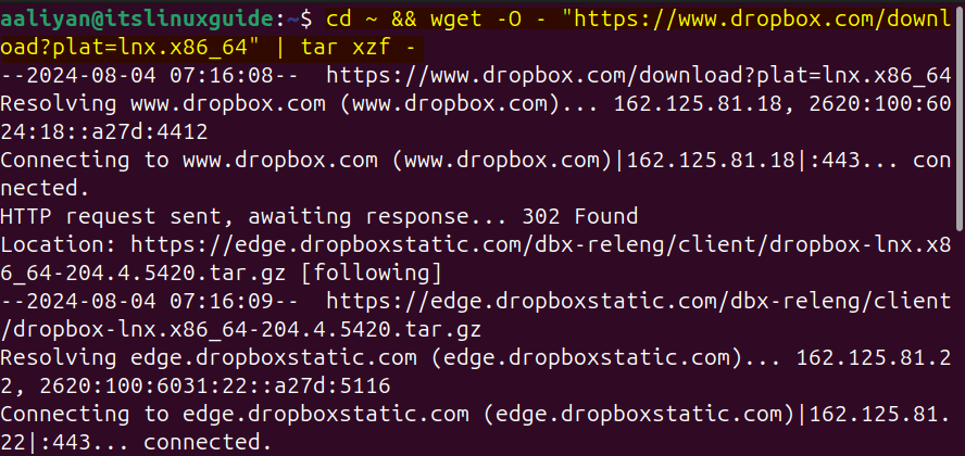 Downloading and extracting the Dropbox tar file on Ubuntu