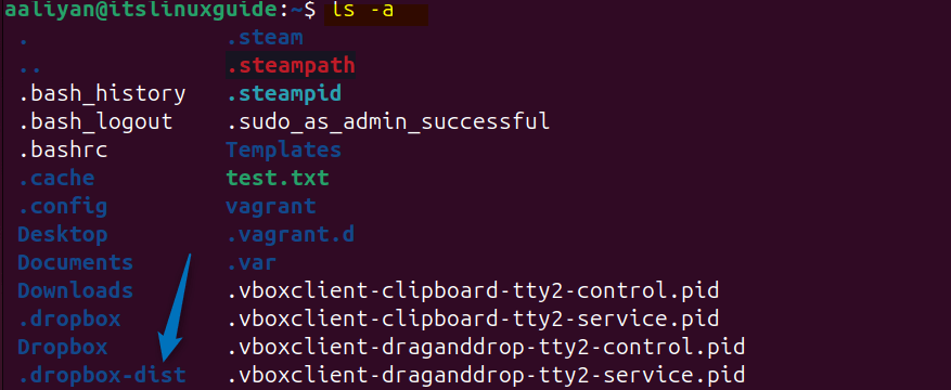 Listing hidden files on Ubuntu to find the Dropbox extracted tar file named .dropbox-dist
