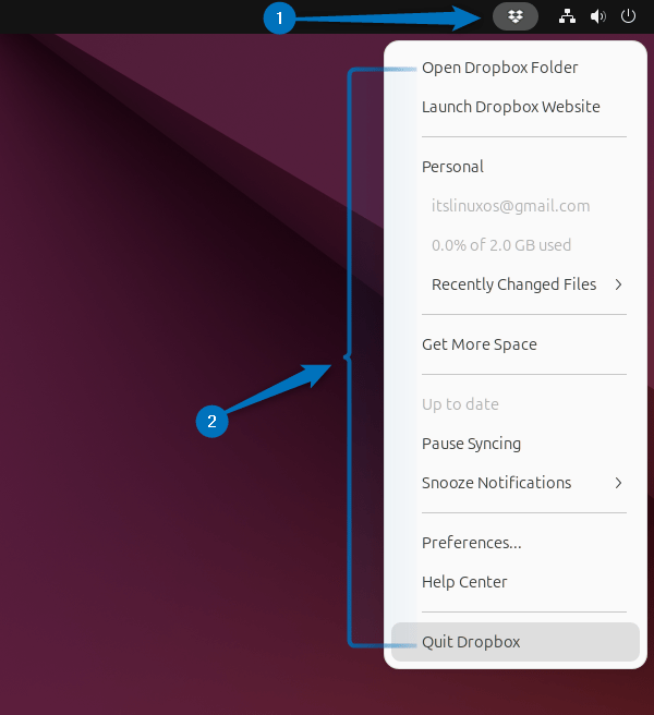 Dropbox menu on Ubuntu