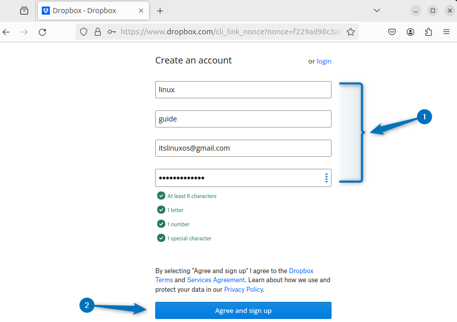 Creating Dropbox account on Ubuntu