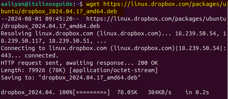 Downloading Dropbox deb file on Ubuntu using terminal via file download link
