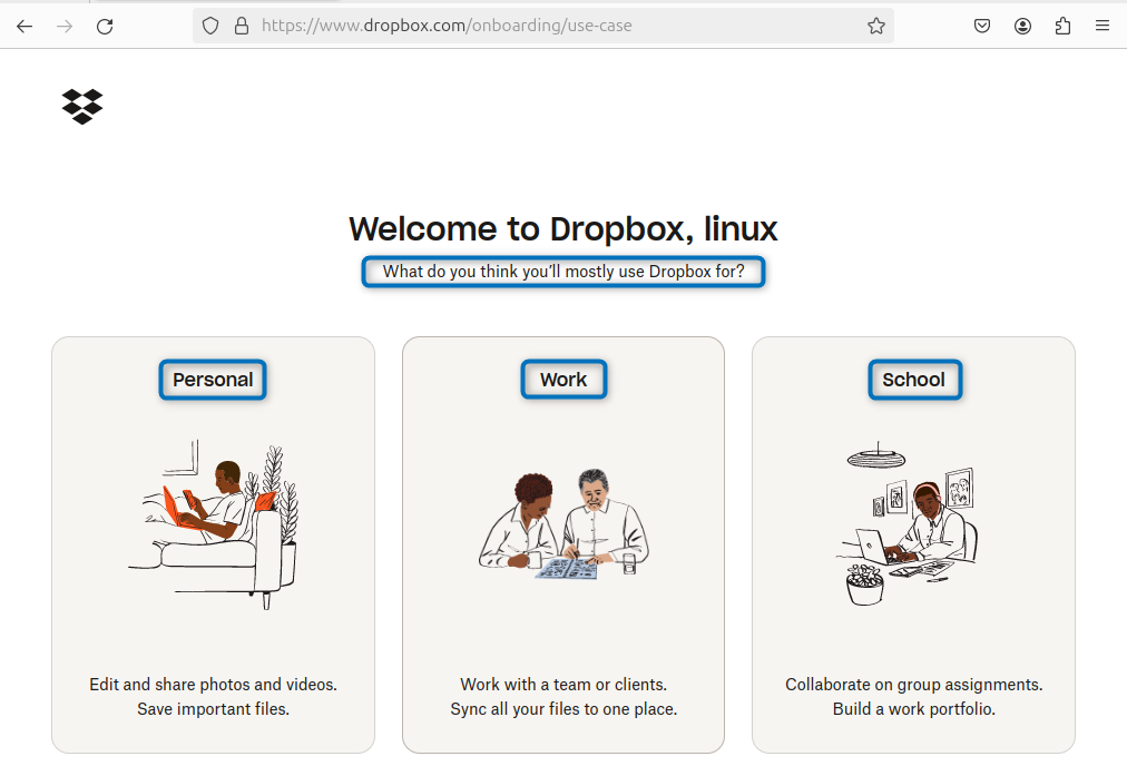 Selecting the purpose of Dropbox account on Ubuntu