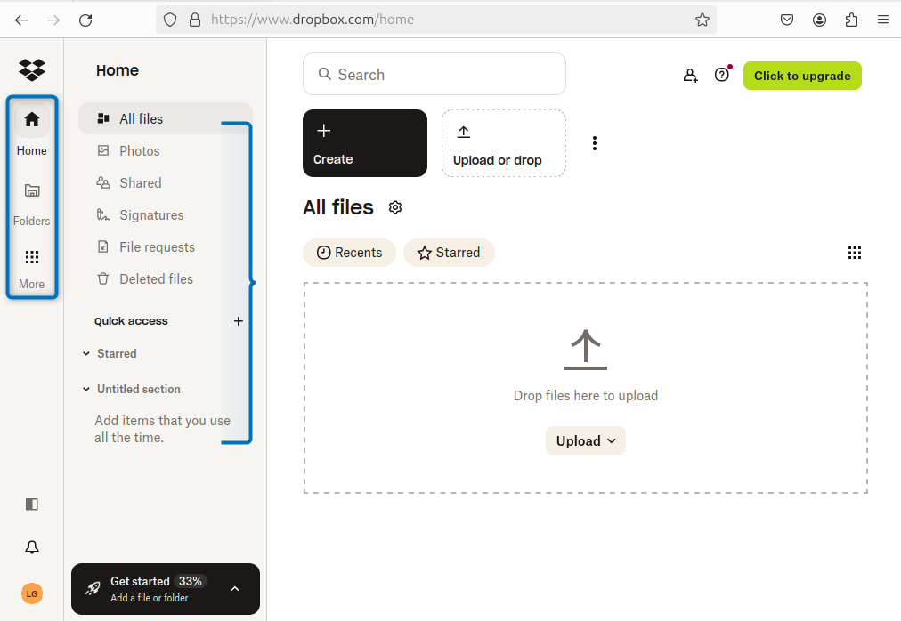 Dropbox web version homepage on Ubuntu