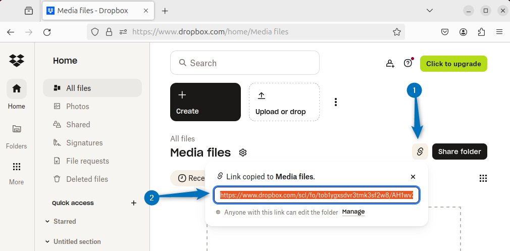 Copying the link for sharing the folder from Dropbox in Ubuntu