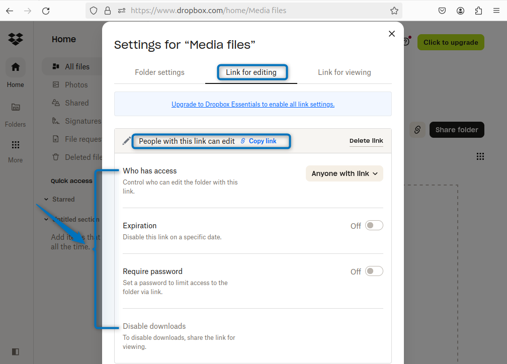 Settings permissions for giving editing rights for sharing the folder on Dropbox in Ubuntu