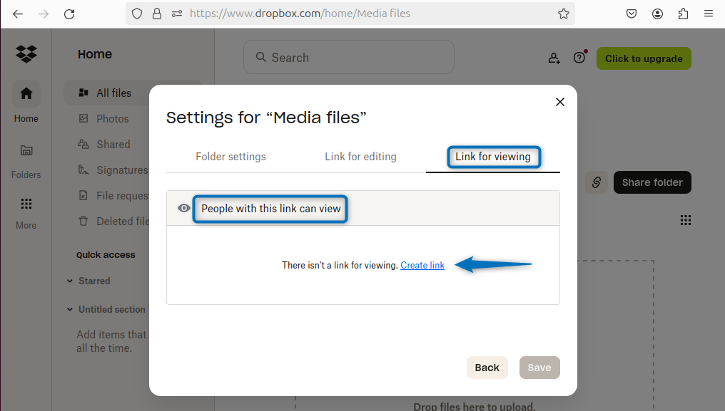 Generating link for only viewing the shared folder in Dropbox on Ubuntu