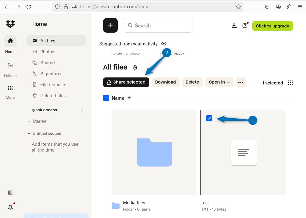 Sharing file/ folder by selecting the respective file or folder in Dropbox on Ubuntu