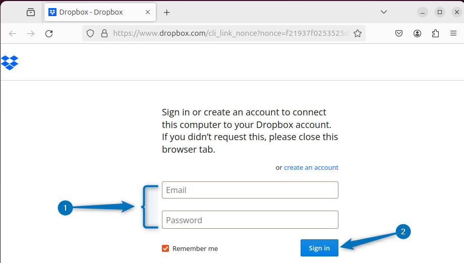 Dropbox signup page after installing it on Ubuntu