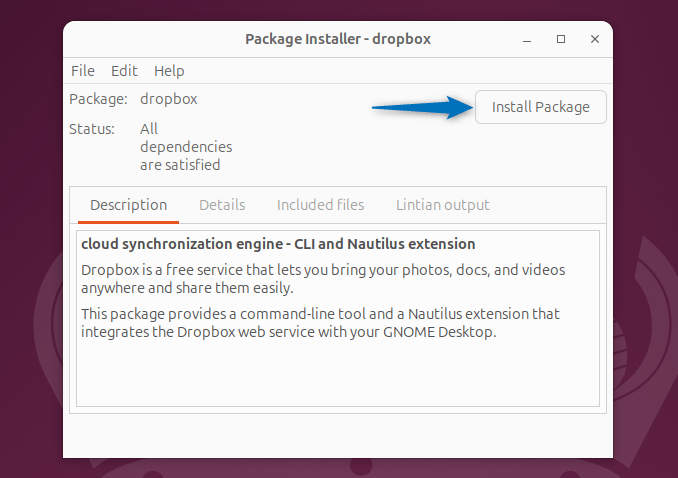 Installing Dropbox on Ubuntu using the GDebi package installer.