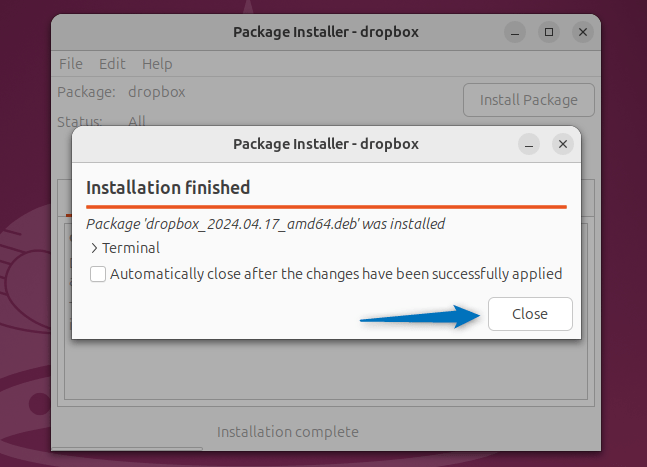 Installing Dropbox on Ubuntu using the GDebi package installer.
