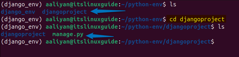 Navigating to created Django project directory on Ubuntu 