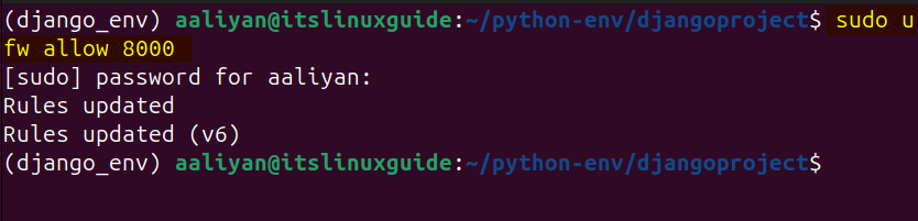 Allowing port 8000 for Django on Ubuntu 