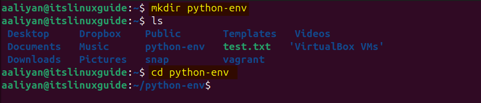 Creating virtual environment directory on Ubuntu for Virtual environment 