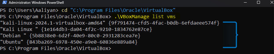Listing all the virtual machines created on Virtual box in Windows PowerShell