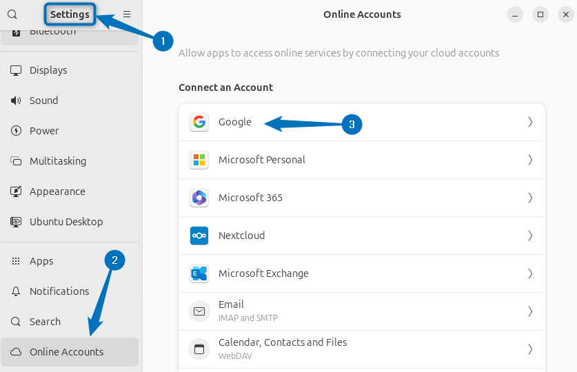 Going to connect google account in Ubuntu via Online accounts settings