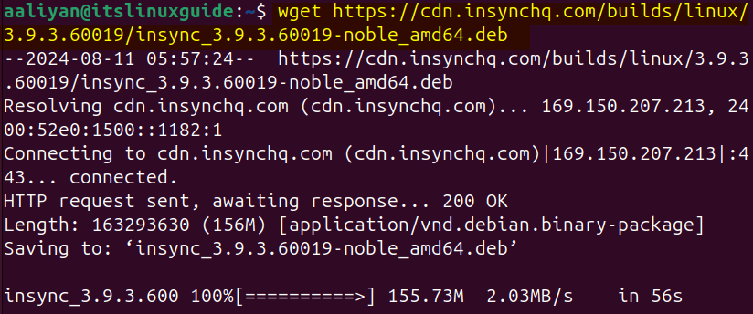 Downloading insync deb file for installing Google Drive on Ubuntu from terminal