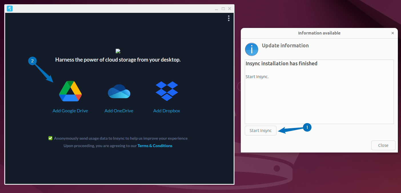 Launching insyc application on Ubuntu after installation and selecting Google Drive