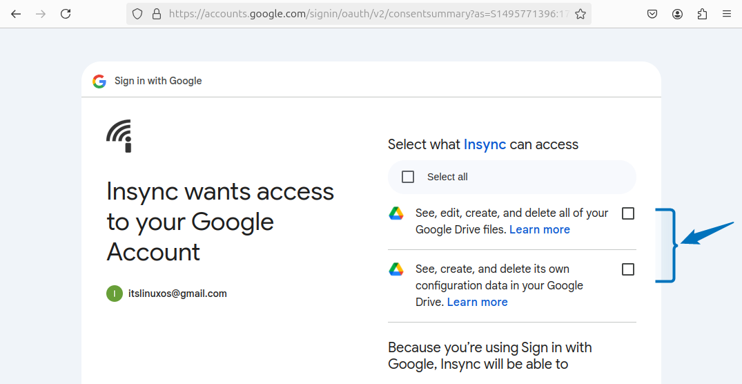 Giving Google Drive permissions to insync application on Ubuntu