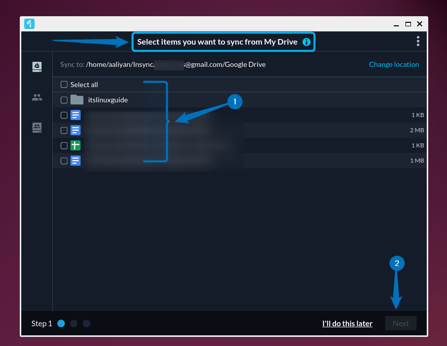 Selecting the data to show in Insync Google Drive application on Ubuntu