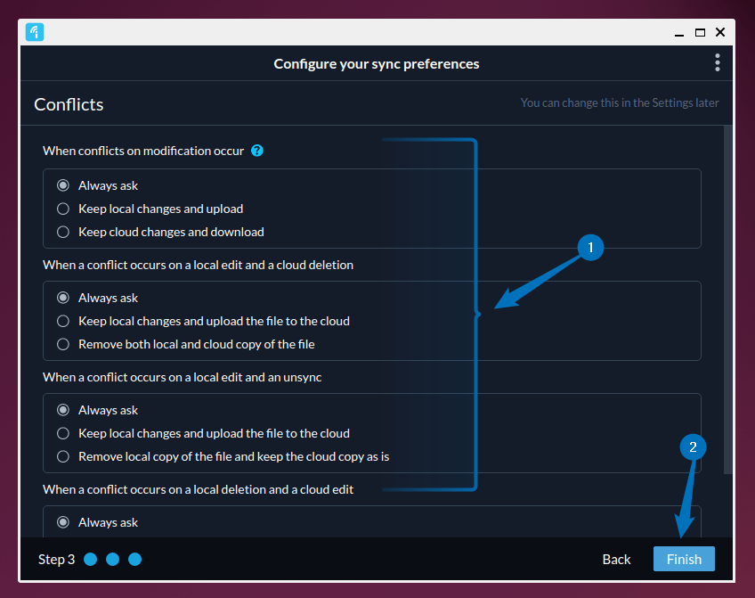 Setting insync response to different types of conflicts for Google Drive on Ubuntu
