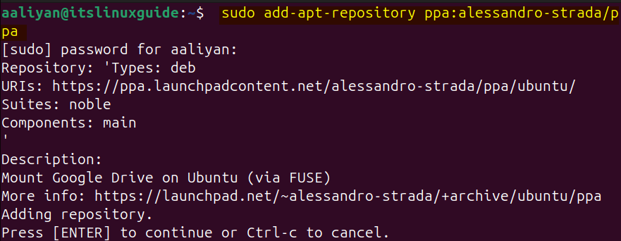 Adding Google Drive Ocamlfuse PPA repository in Ubuntu for installing Google Drive