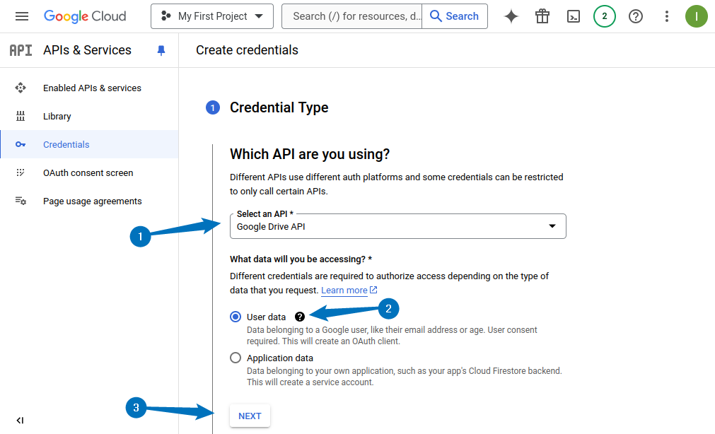 Choosing the user data for Google Drive API on Google Cloud in Ubuntu