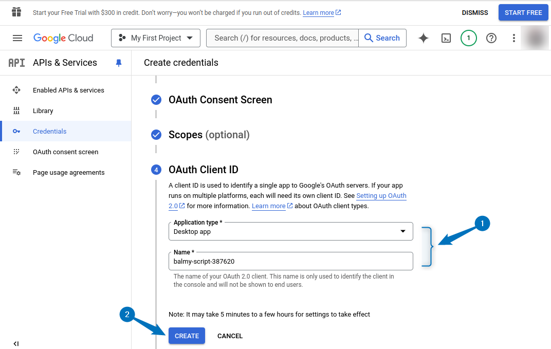 Setting the application type and its name to create OAuth Client ID for Google Drive on Ubuntu