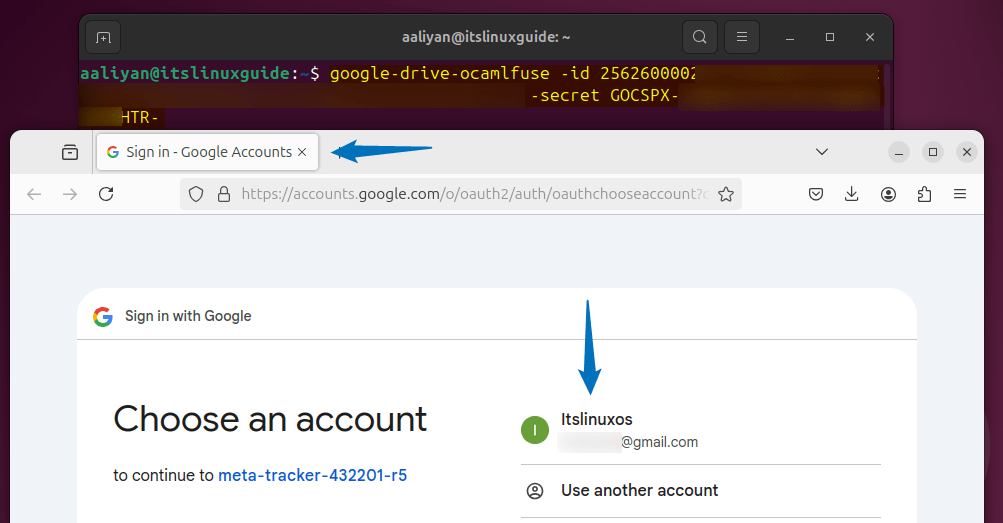 Launching google drive ocamlfuse on Ubuntu using client ID and Client_secret ID on Ubuntu