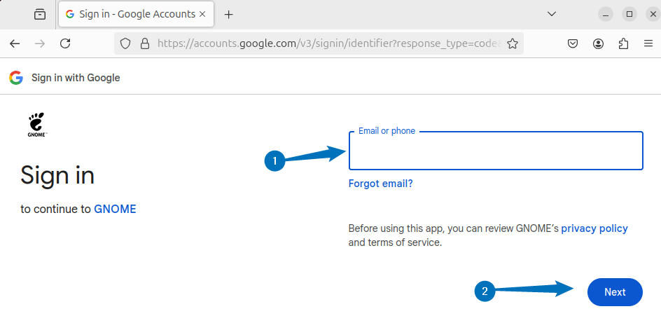 Entering the Google email on Ubuntu for GNOME sign in for Google Drive